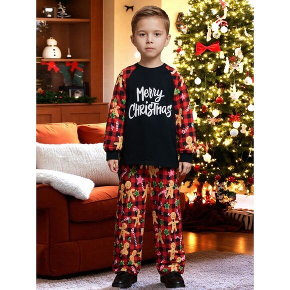 Child's Christmas Sleepwear Long Sleeve Tee with Pants Pajama Sets Black - Picture 3 of 4